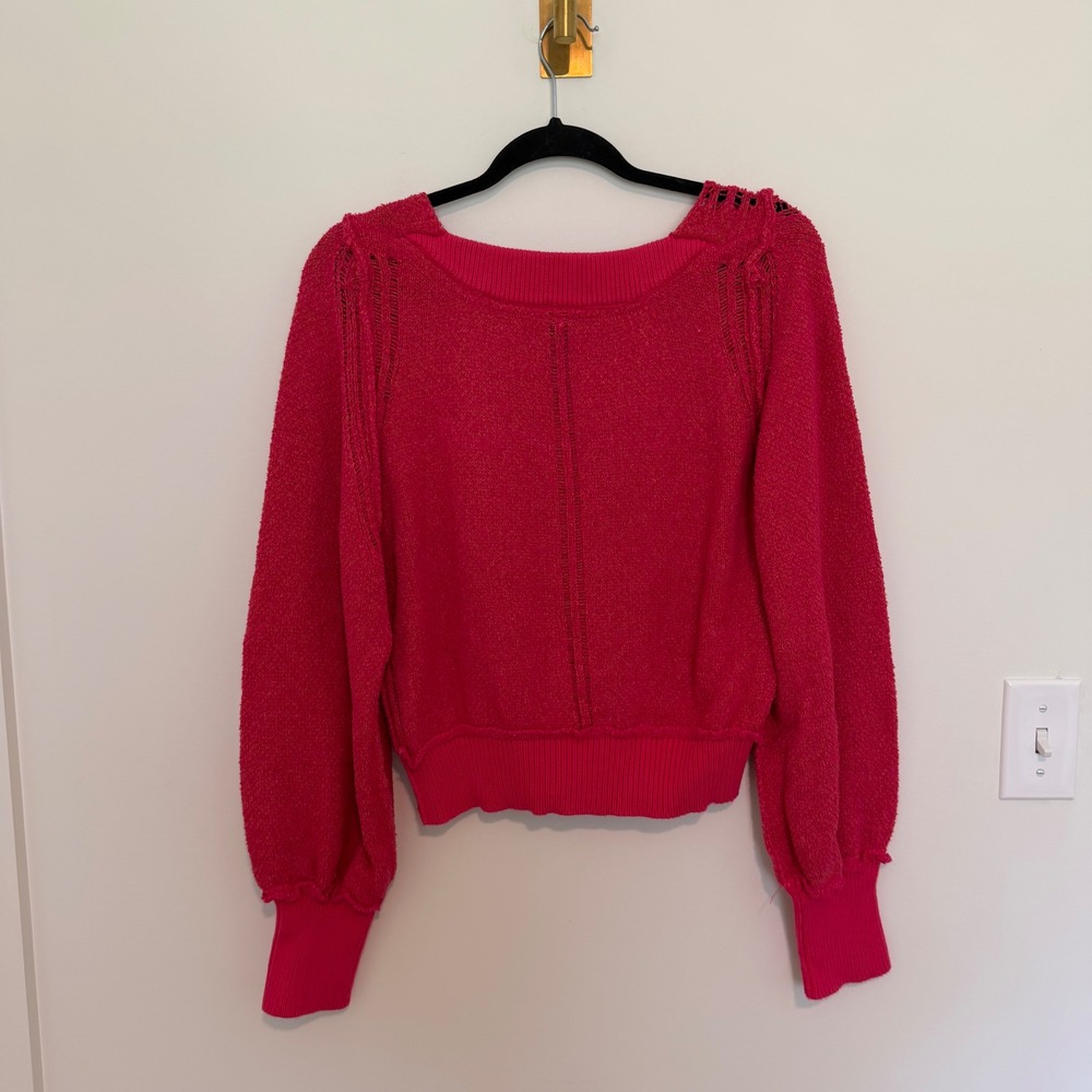 Free People Pink V-Neck Textured Knit Sweater Balloon Sleeve Boho Fuchsia XS - Picture 3 of 4